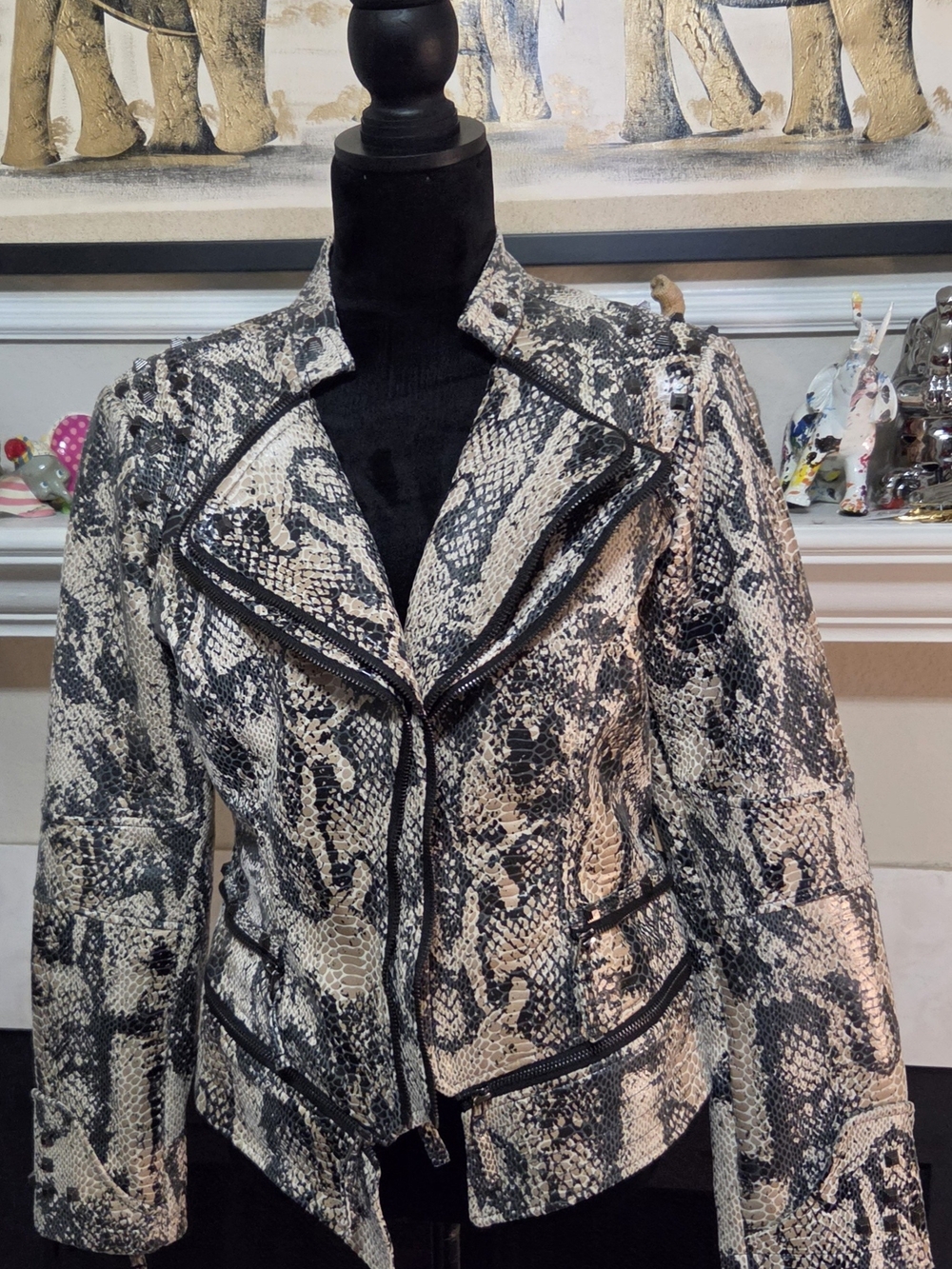Chouyatou Snake Print Studded Faux Leather Moto Biker Jacket